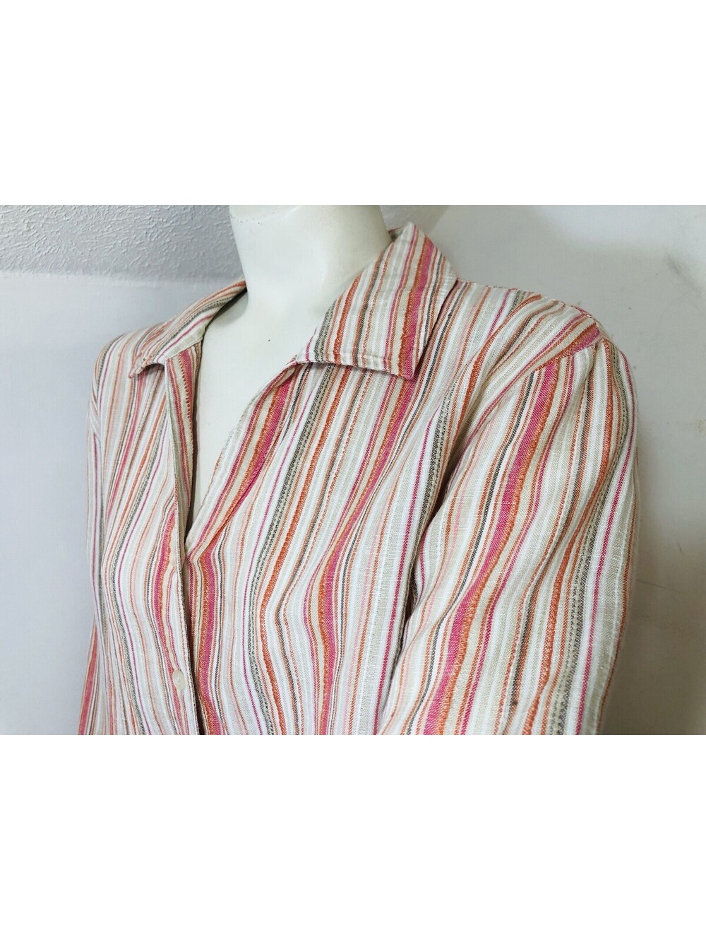JM Collection Womens 16 Linen Blouse Multicolor Stripe 3/4 Sleeves Collar - Picture 7 of 8